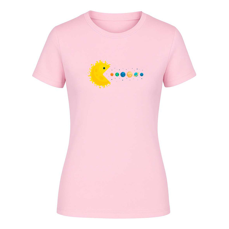 Playera de mujer KreaLab con diseño de Pacman y sistema solar, estilo meme de espacio, moda casual y moderna.