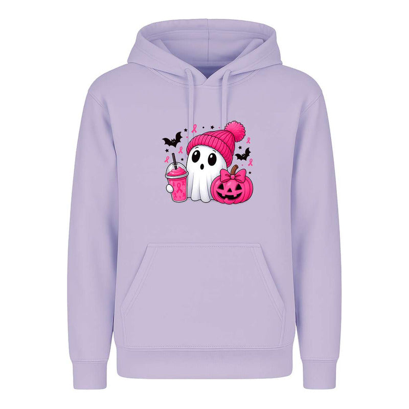 Sudadera rosa de Halloween con diseño de fantasma, ideal para octubre rosa y apoyar la lucha contra el cáncer de mama, marca KreaLab.