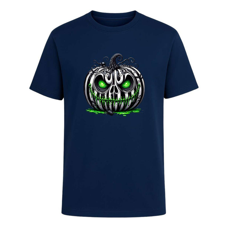 Playera unisex de terror con calabaza y ojos verdes de la marca KreaLab, ideal para Halloween y fiestas temáticas.