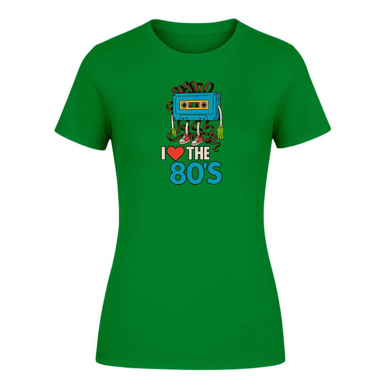 Playera KreaLab I Love The 80s Cassette para mujer, diseño retro y nostálgico con estampado de cinta de casete en color llamativo.