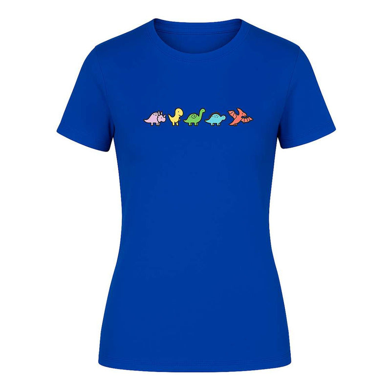 Playera de mujer KreaLab con diseño de dinosaurios kawaii y estilo minimalista, ideal para un look divertido y moderno.