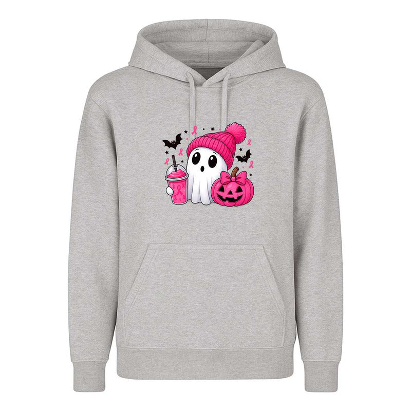 Sudadera rosa de Halloween con diseño de fantasma para apoyar la lucha contra el cáncer de mama, de la marca KreaLab.