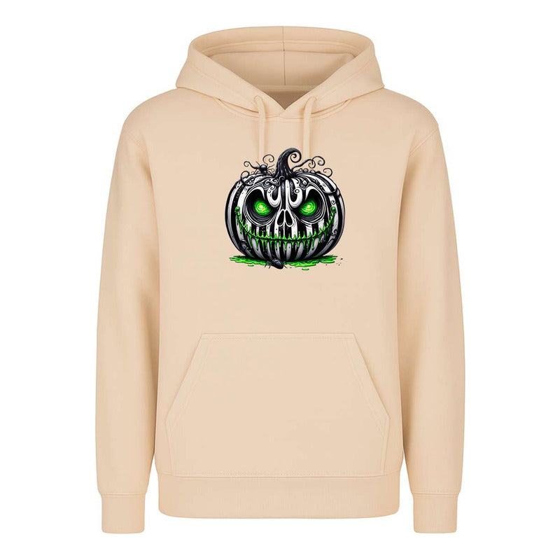 Sudadera unisex KreaLab con diseño de calabaza terror con ojos verdes para Halloween, estilo fresco y cómodo.