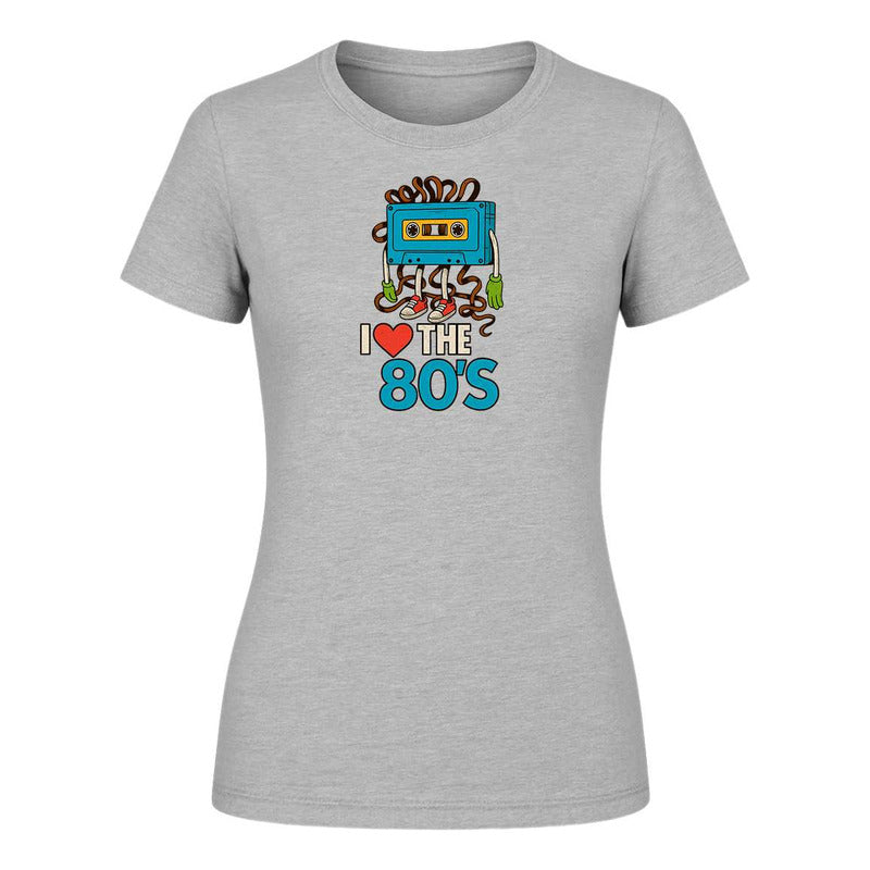 Playera KreaLab I Love The 80s Cassette retro para damas, diseño nostálgico y moderno en color vibrante.