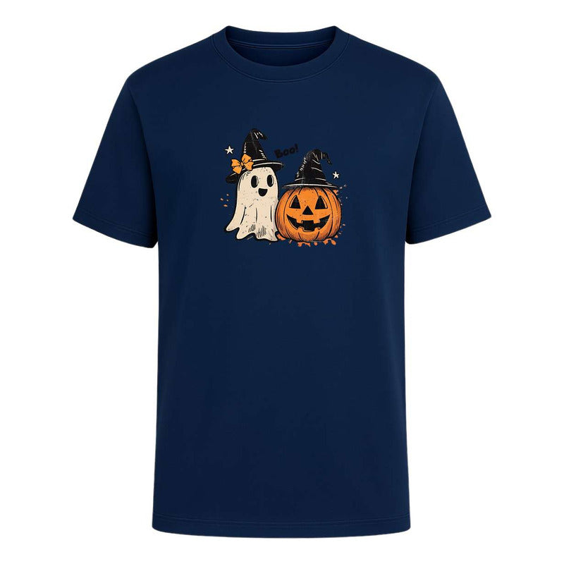 Playera unisex KreaLab con diseño de fantasma y calabaza Boo para Halloween, estilo divertido y cómodo para todas las edades.