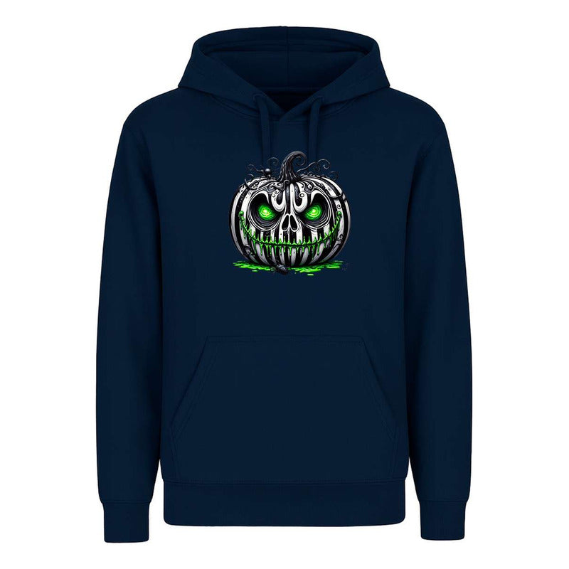 Sudadera unisex KreaLab de terror con calabaza, ojos verdes y diseño Halloween, perfecta para la temporada de miedo.