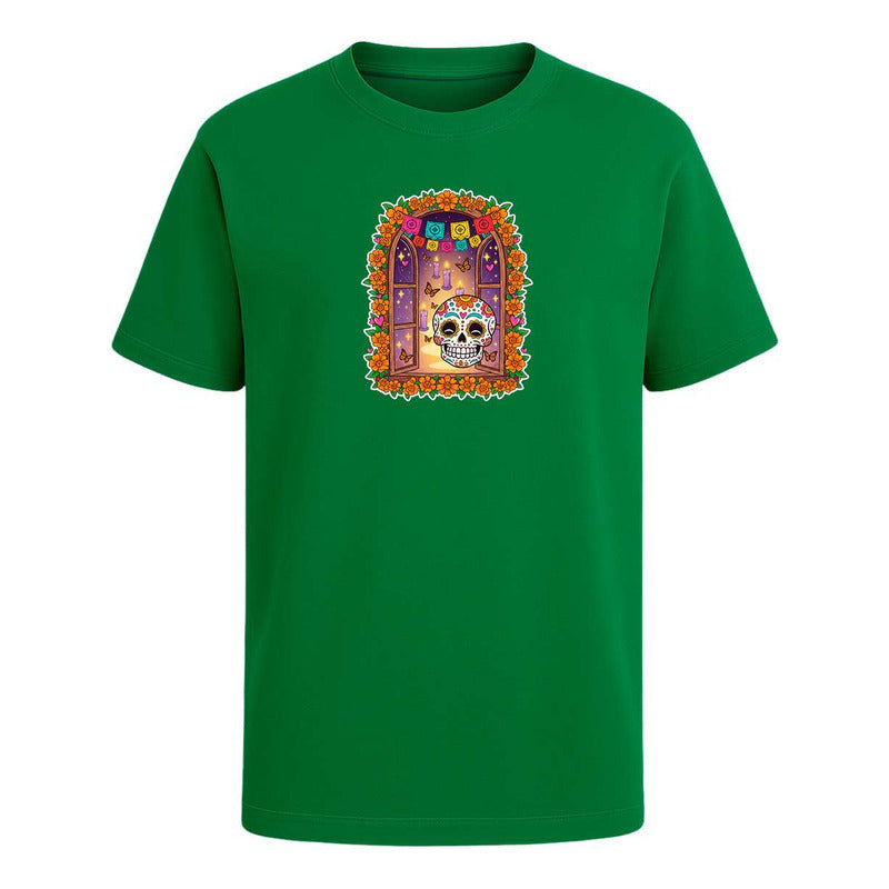 Playera infantil KreaLab con calavera, ofrenda y mariposas para el Día de Muertos, con diseño colorido y detalles festivos.
