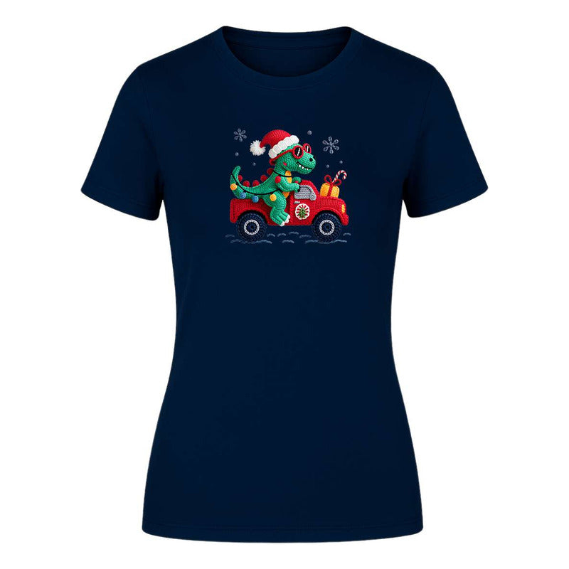 Playera "Dinosaurio Navideño" Efecto Bordado - Dama