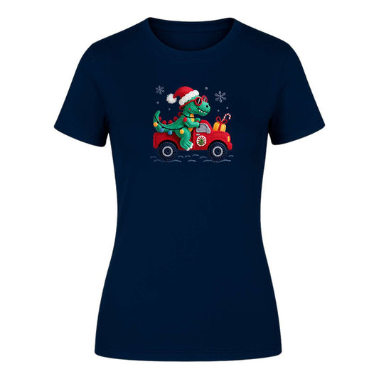 Playera "Dinosaurio Navideño" Efecto Bordado - Dama