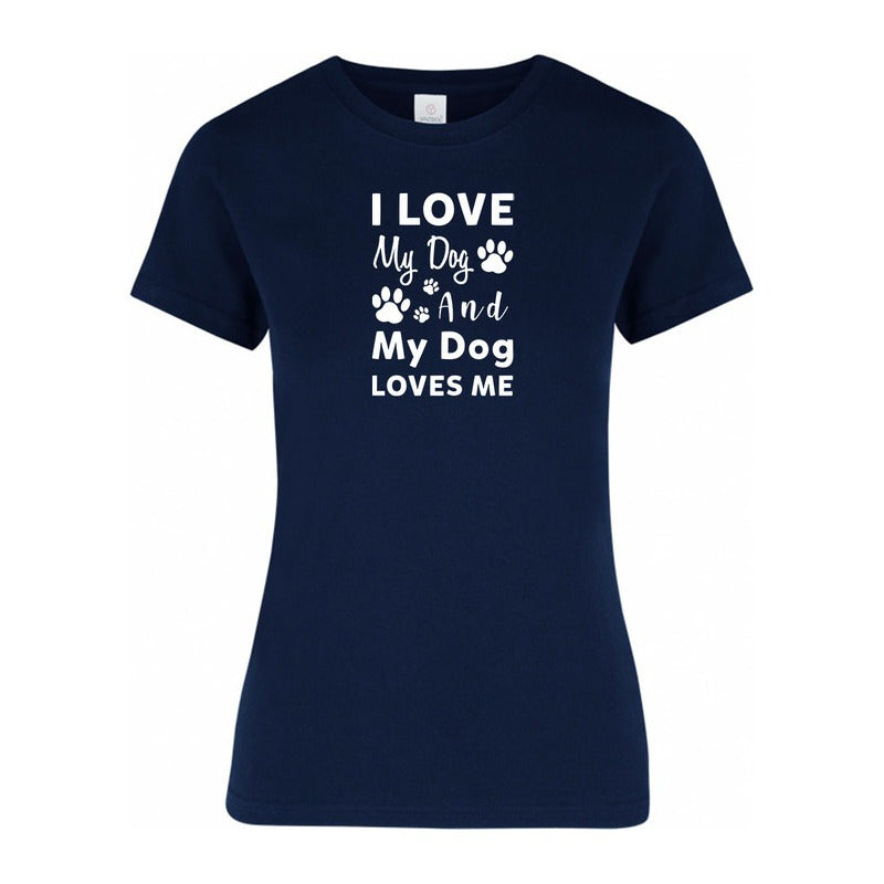 Playera para dama KreaLab I Love My Dog, camiseta azul con texto que dice Amo a mi perro, moda para amantes de mascotas.