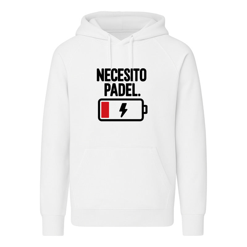 Sudadera unisex KreaLab "Necesito Pádel" divertida para fanáticos, muestra el diseño colorido y el estilo casual del producto.