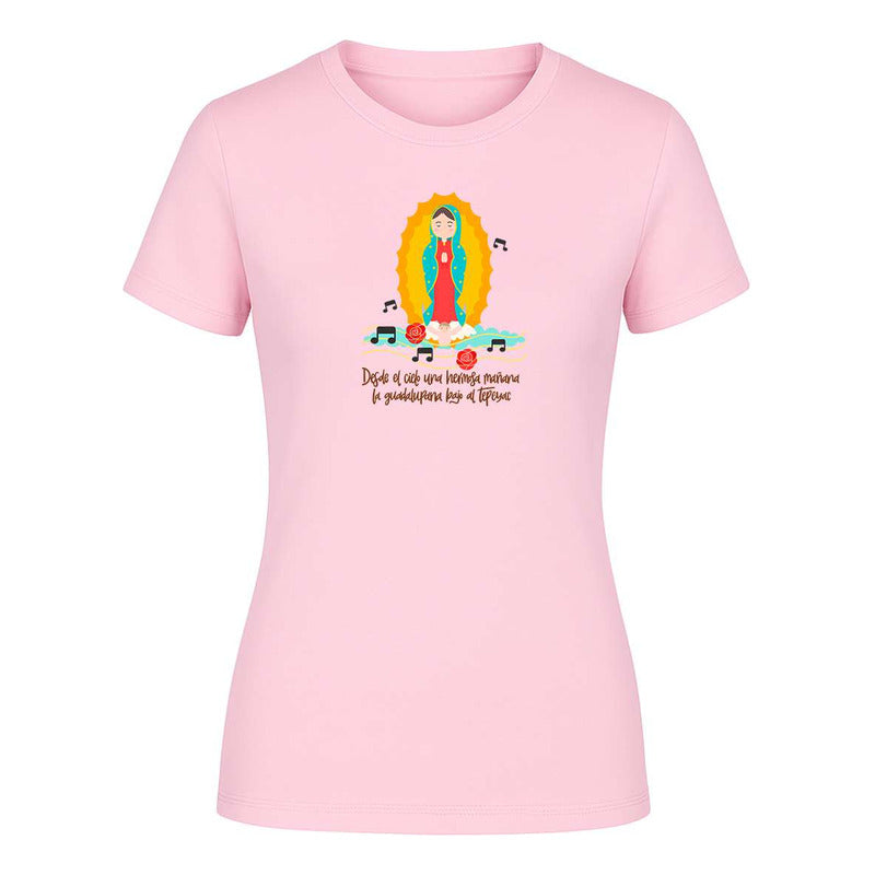 Playera de dama KreaLab Virgen de Guadalupe, diseño católico con imagen de La Guadalupana en tela blanca.