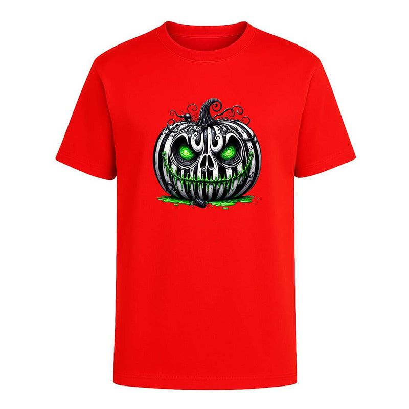 Playera unisex KreaLab con calabaza terror ojos verdes para Halloween y fiestas, diseño nuevo y llamativo en color naranja y negro.