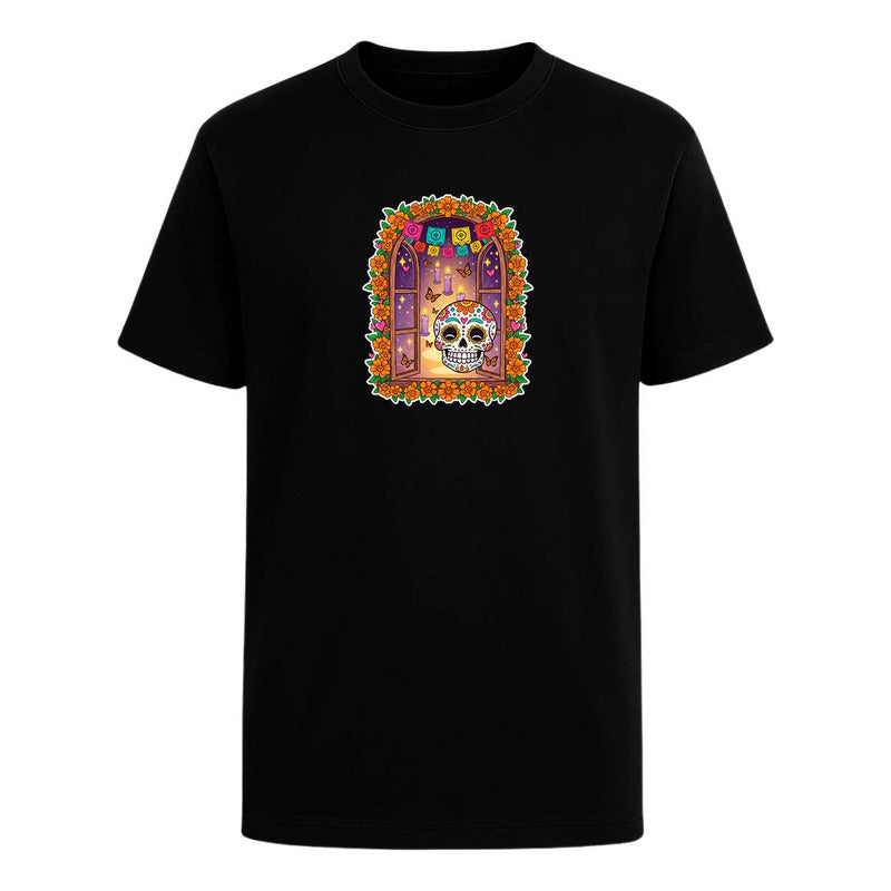 Playera infantil KreaLab de calavera ofrenda con mariposas para el Día de Muertos, color vibrante y diseño festivo.