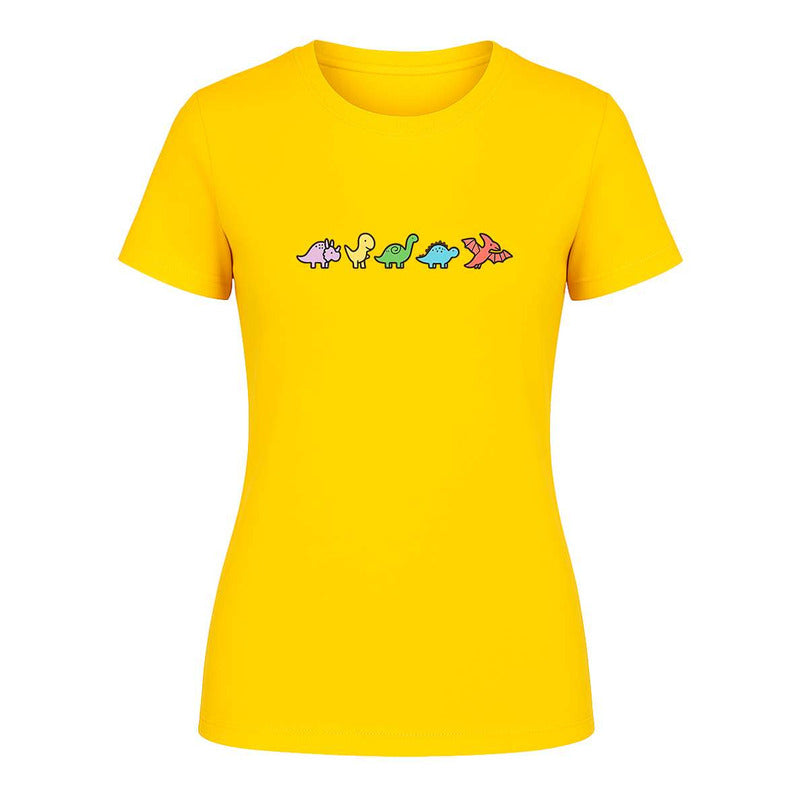 Playera de mujer KreaLab con diseño de dinosaurios kawaii y minimalista, perfecta para un estilo divertido y casual.