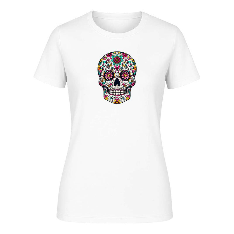 Playera KreaLab con diseño de calavera mexicana y mandala de dama para Día de Muertos, ropa moderna y colorida.