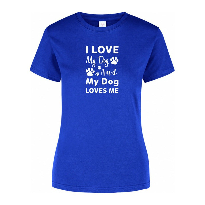 Playera KreaLab I Love My Dog para dama, camiseta blanca con texto y diseño de perro, estilo casual y cómodo para mujer.