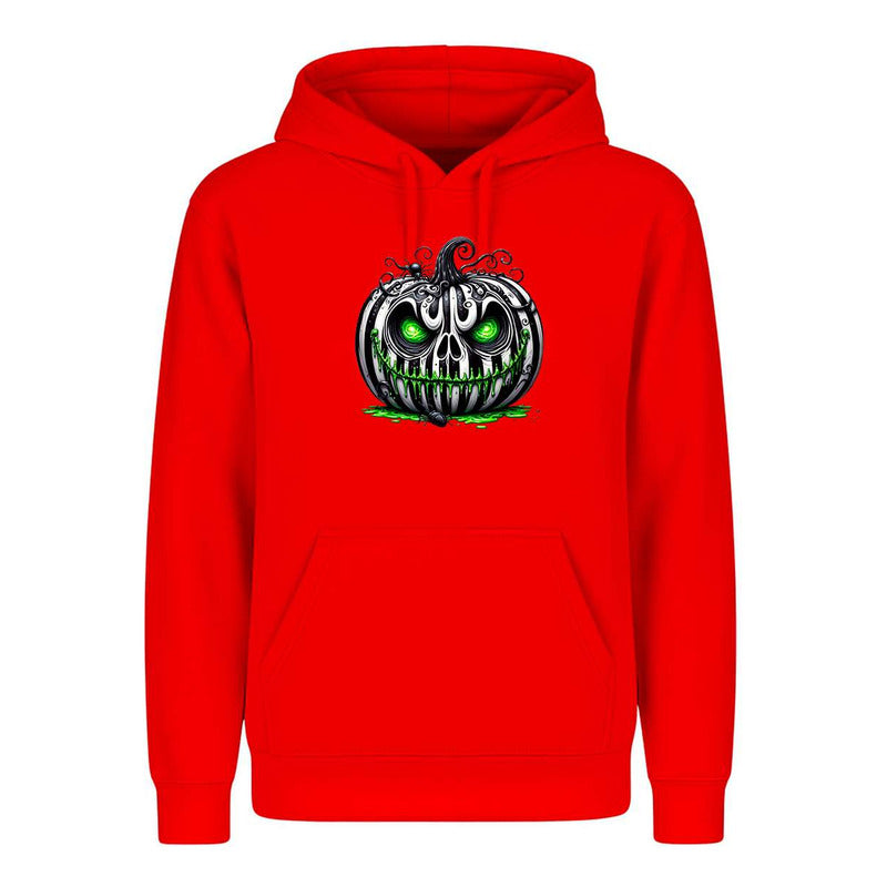Sudadera unisex de terror con calabaza, ojos verdes y diseño Halloween de KreaLab, vista frontal en color oscuro.