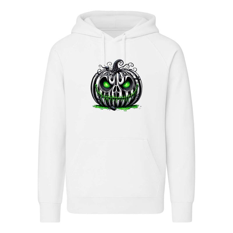 Sudadera unisex de terror con calabaza y ojos verdes de la marca KreaLab, ideal para Halloween, en color naranja con diseño de miedo.