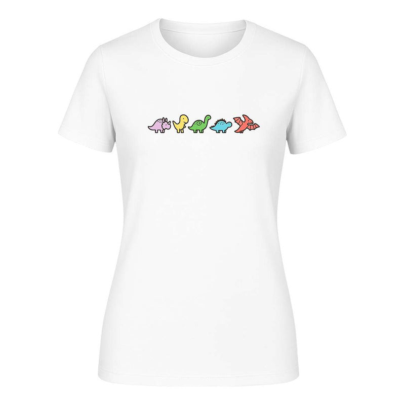 Playera KreaLab de dinosaurios kawaii y minimalista para dama, diseño divertido y moderno, en colores vibrantes.