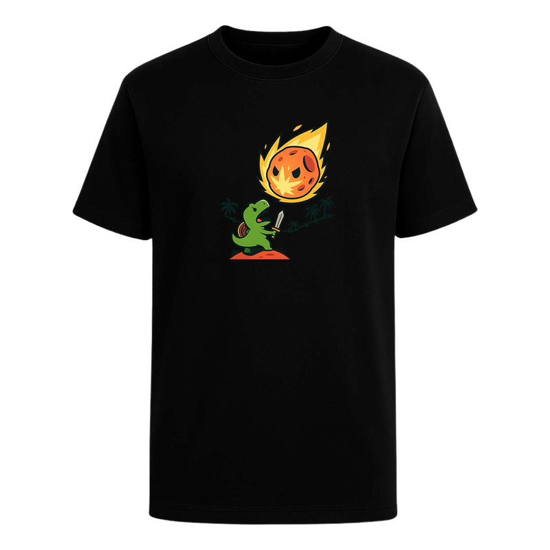 Playera unisex de KreaLab con diseño divertido de dinosaurio y asteroide, perfecta para bromas y uso casual.