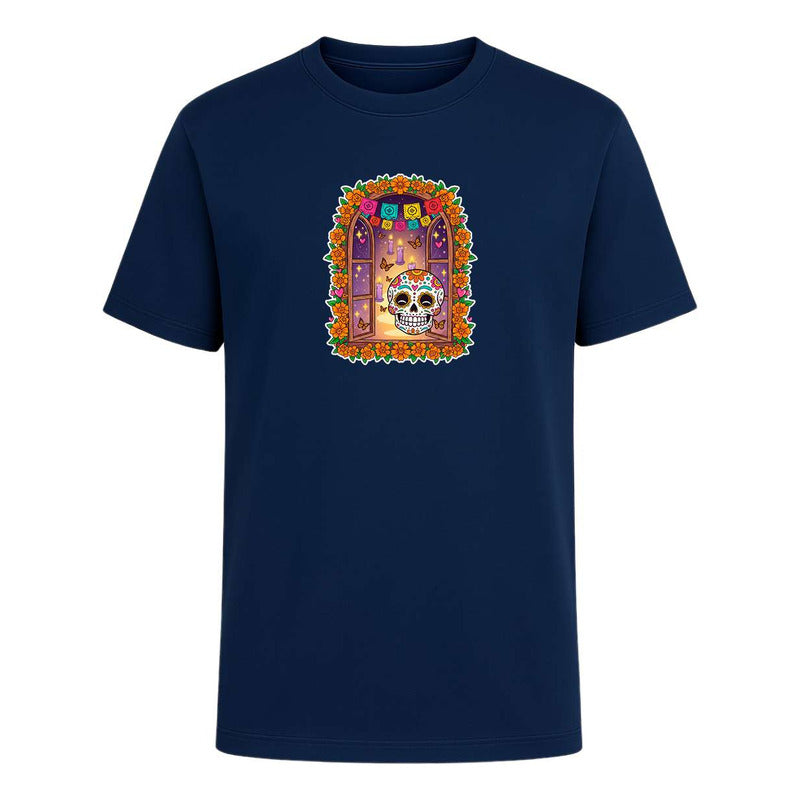 Playera infantil KreaLab con calavera, ofrenda y mariposas para el Día de Muertos, estilo colorido y festivo.