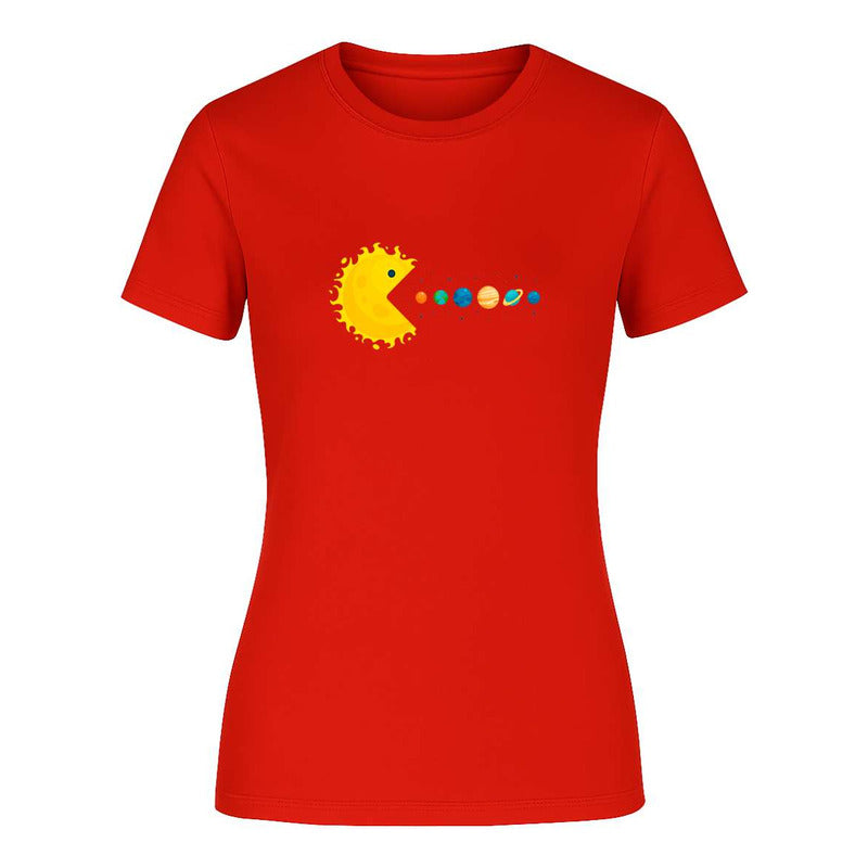 Playera de dama KreaLab con diseño de Sol Pacman y sistema solar, estilo meme espacio, ropa moderna y cómoda.