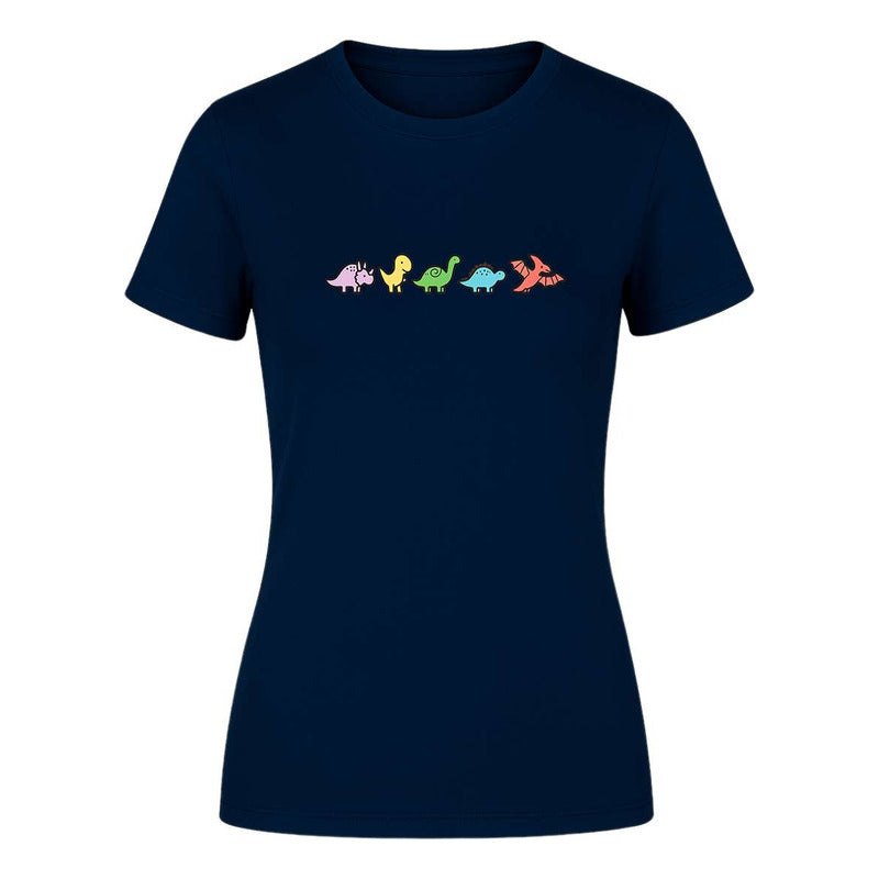 Playera de mujer KreaLab con diseño minimalista de dinosaurios kawaii y divertido, estilo moderno y cómodo.