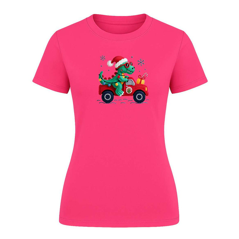 Playera "Dinosaurio Navideño" Efecto Bordado - Dama