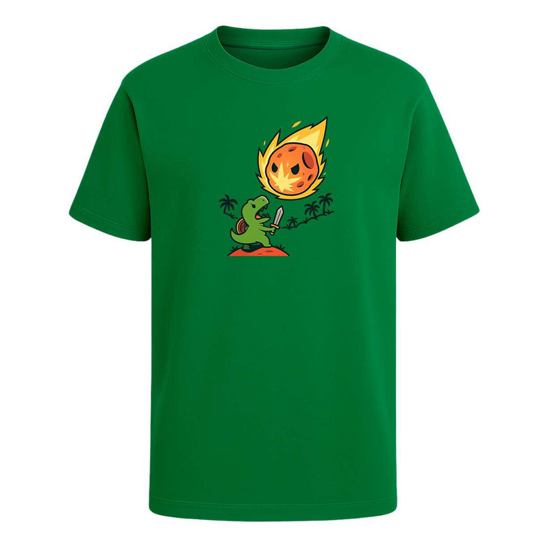Playera unisex de dinosaurio contra asteroide de KreaLab, diseño divertido y nuevo, con ilustración de dinosaurio en acción.