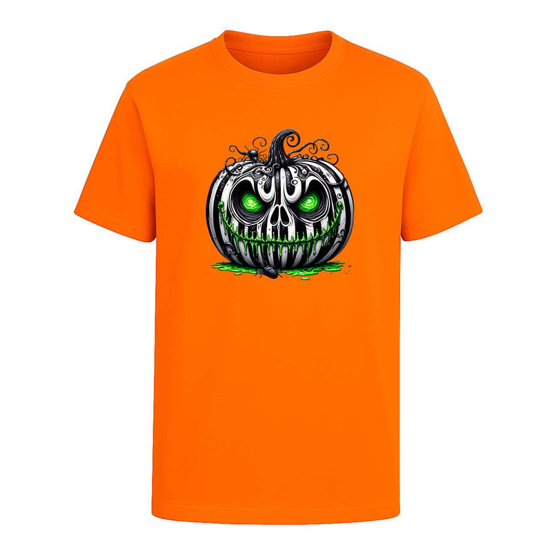 Playera unisex de Halloween con calabaza terror con ojos verdes de la marca KreaLab, diseño para fiestas y ocasión especial.