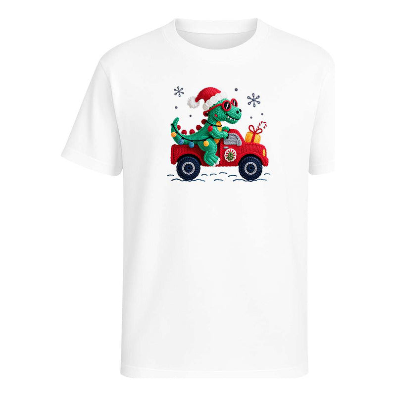 Playera Dinosaurio Navideño Efecto Bordado Regalo Unisex