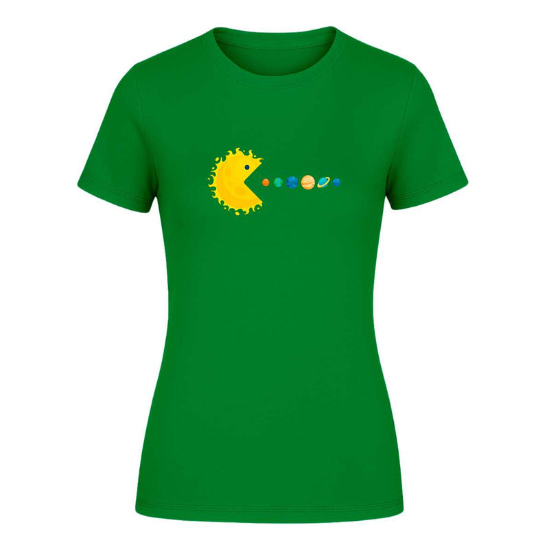 Playera para dama KreaLab con diseño de Pacman y sistema solar, meme de espacio, estilo moderno y cómodo.