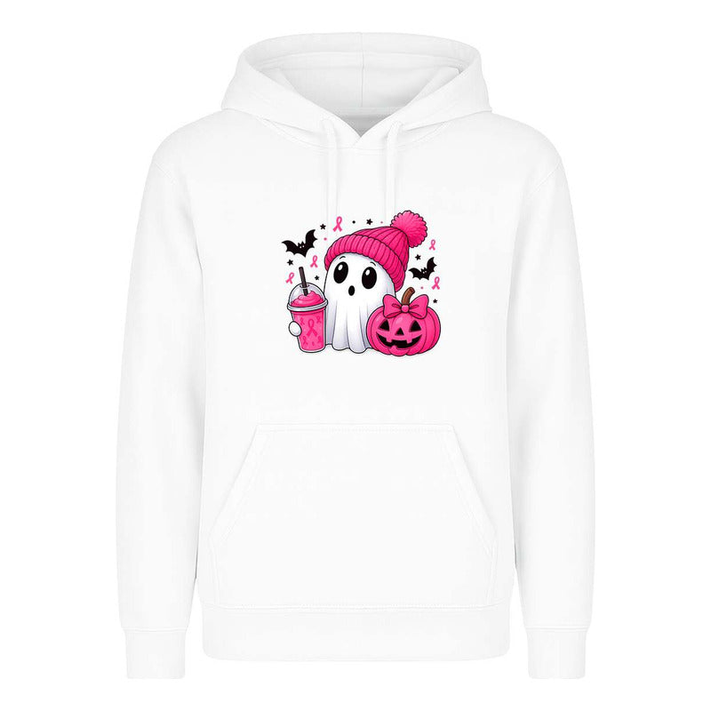 Sudadera Fantasma Rosa de KreaLab para Halloween, con diseño de cáncer de mama en color rosa, para apoyar la causa.