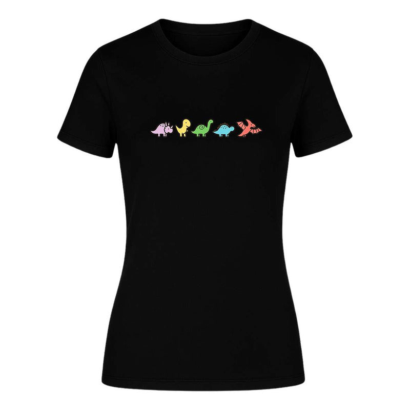Playera de mujer KreaLab con diseño divertido y minimalista de dinosaurios kawaii, estilo moderno y cómodo.