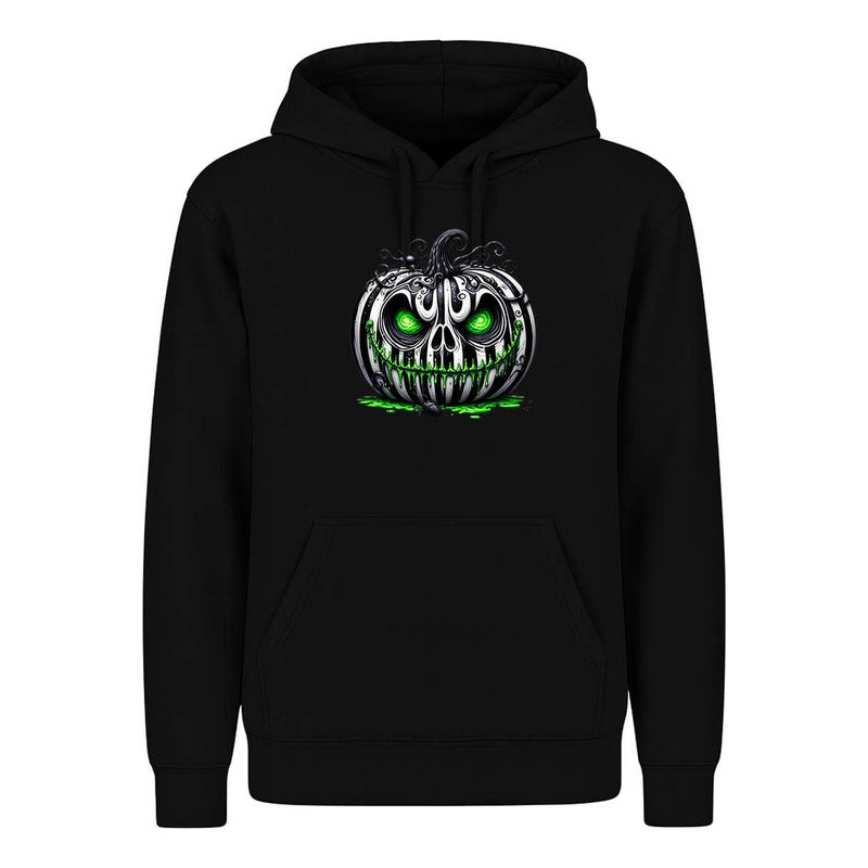 Sudadera KreaLab de calabaza terror unisex con ojos verdes para Halloween, con diseño de terror en la parte frontal.