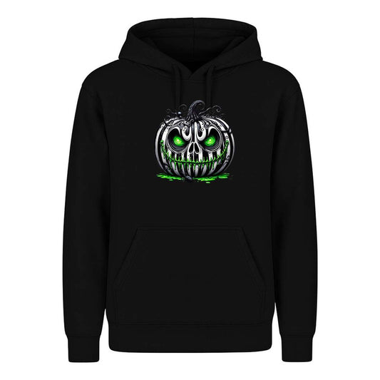 Sudadera KreaLab de calabaza terror unisex con ojos verdes para Halloween, con diseño de terror en la parte frontal.