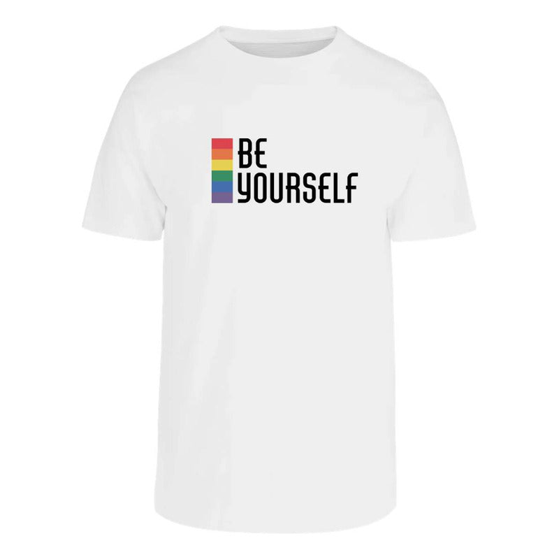 Playera unisex LGBT+ Be Yourself de KreaLab, color vibrante con mensaje inclusivo, diseñada para expresar autenticidad.