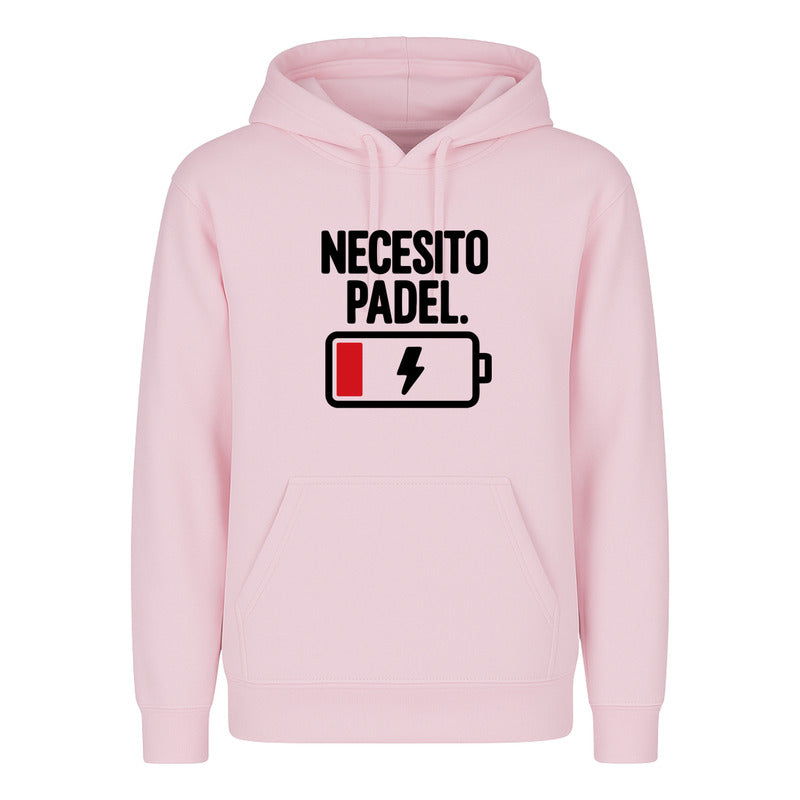 Sudadera unisex KreaLab Necesito Pádel divertida para fanáticos, con diseño colorido y estilo casual.