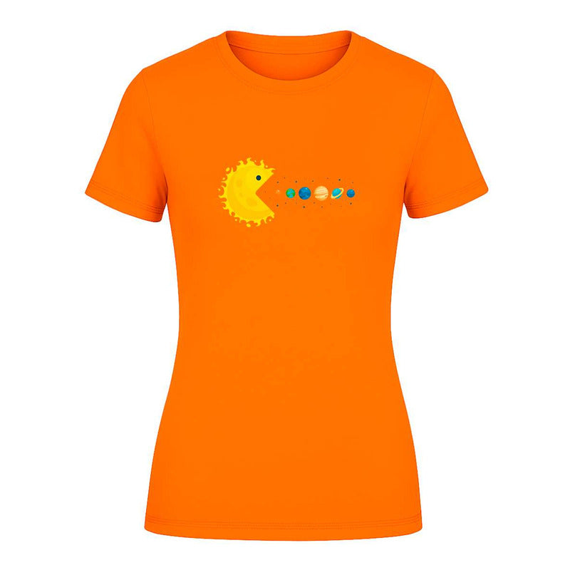 Playera de dama KreaLab con diseño de Sol Pacman y sistema solar, estilo meme del espacio, ropa moderna y cómoda.