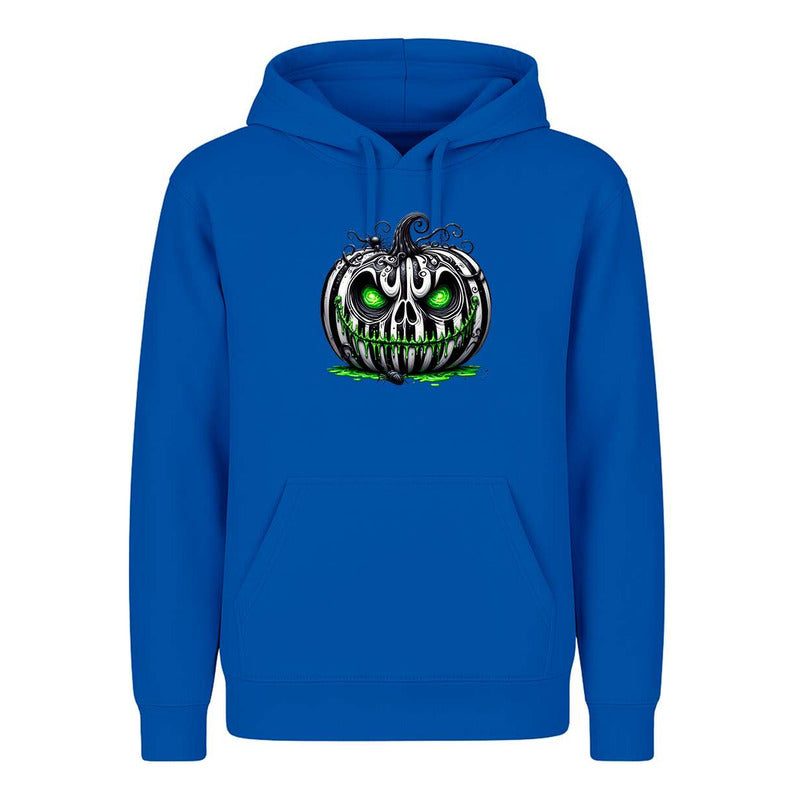 Sudadera de terror con calabaza y ojos verdes de KreaLab, diseño unisex para Halloween, con estampado espeluznante.