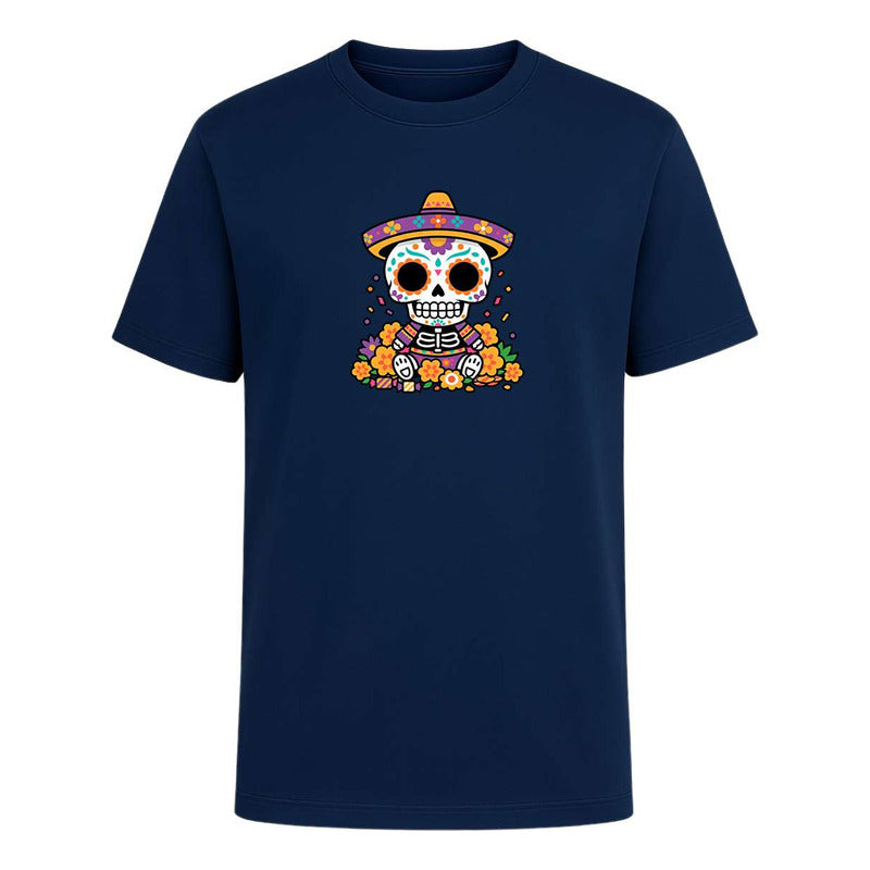 Playera unisex KreaLab con diseño de calavera con sombrero para el Día de Muertos, estilo Catrín, en color vibrante.