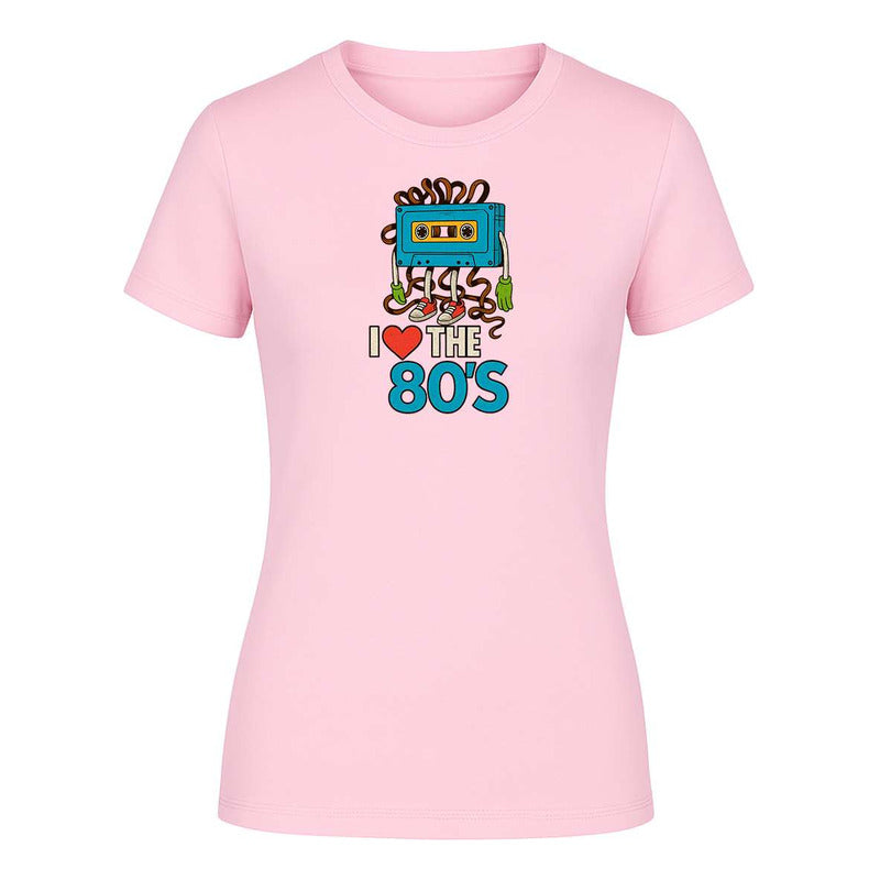 Playera KreaLab I Love The 80s Cassette para mujer, diseño retro y nostálgico, con estampado de casete en color vibrante.