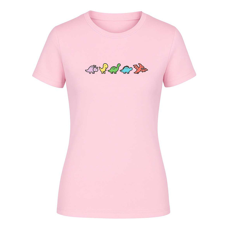 Playera Kawaii de dinosaurios para dama, divertida y minimalista, de la marca KreaLab, en color y diseño llamativo.