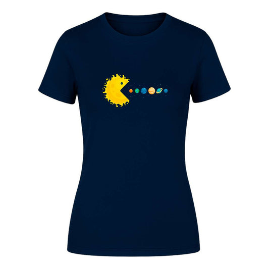 Playera de dama KreaLab con diseño de Pacman y sistema solar, ideal para fans de memes y espacio en estilo casual.