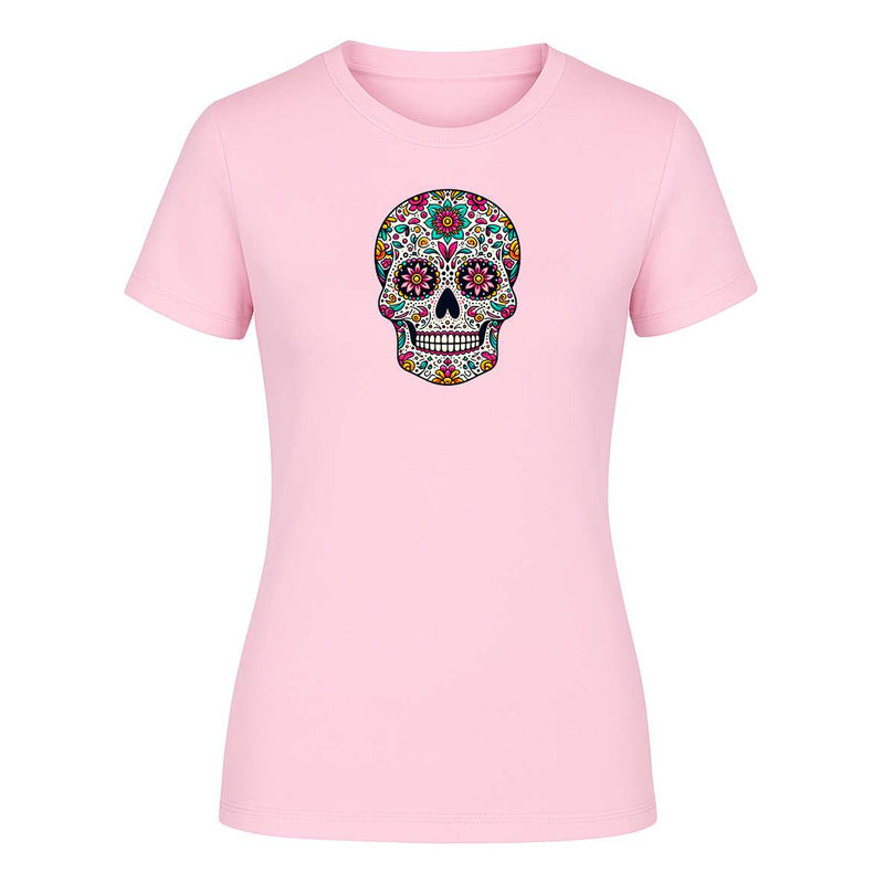 Playera KreaLab con diseño de calavera mexicana y mandala de dama para Día de Muertos, color vibrante y estilo único.